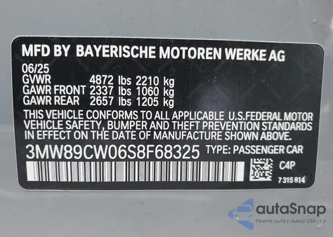 2025 BMW 3 Series 330I xDrive из США, поврежденный, VIN 3MW89CW06S8F68325